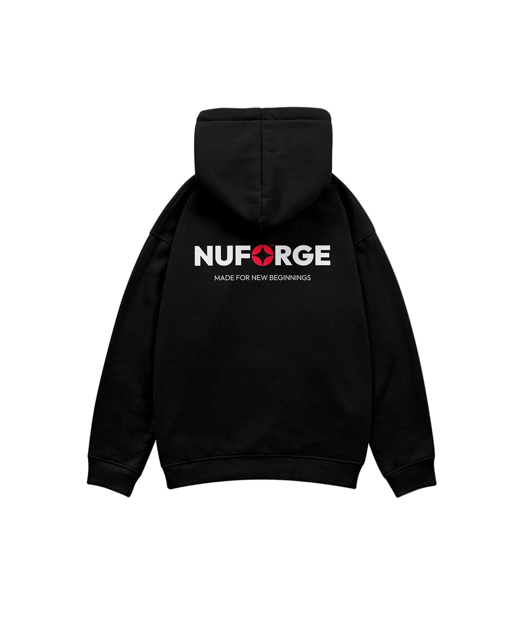 Black hoodie with Nuforge logo on the back against a white background