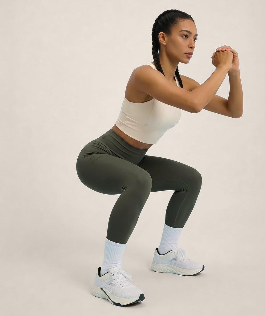 Woman performing a squat exercise on a plain background